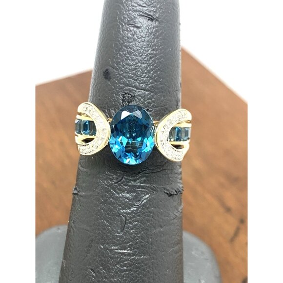 Blue Gemstone Diamond Cocktail Ring 10k Yellow Gold Estate Jewelry Womens Size 6 - Picture 8 of 14